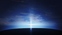 Bright cross on the hill with clouds moving on blue starry sky. Easter, resurrection, new life, redemption concept. Seamless looping background