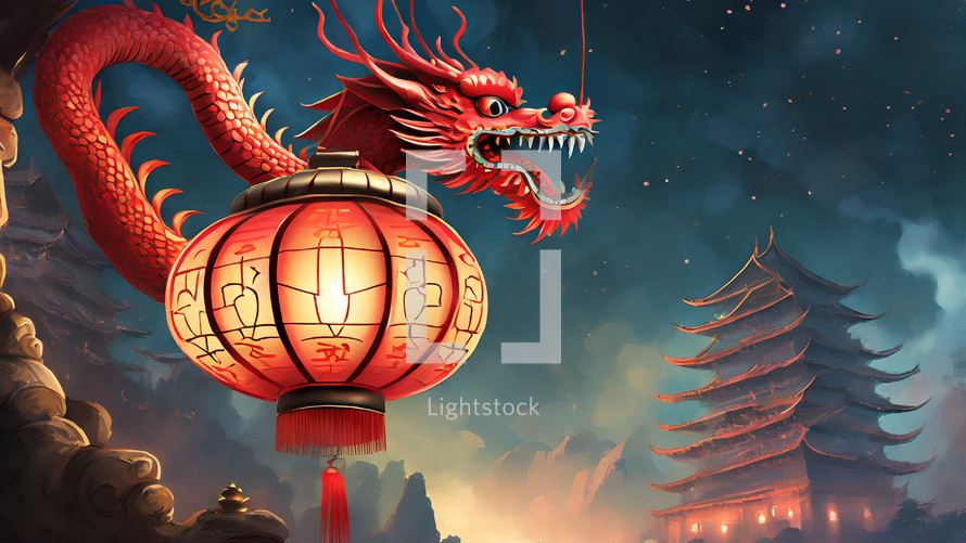 Red Dragon on Chinse Lantern 