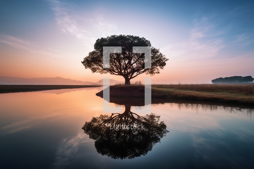 tree sitting by a pond near sunrise
