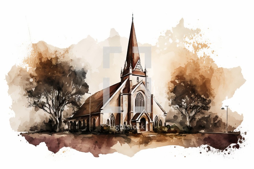 Watercolor art of church isolated on white background