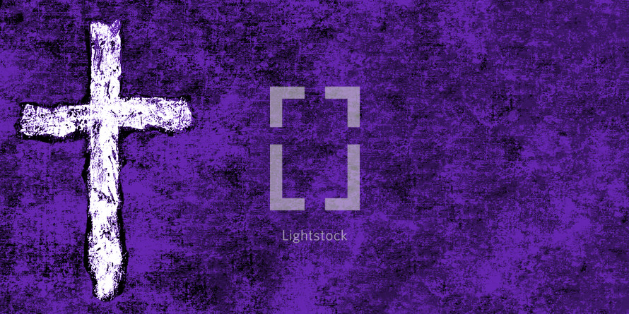 rough white cross on purple grunge canvas