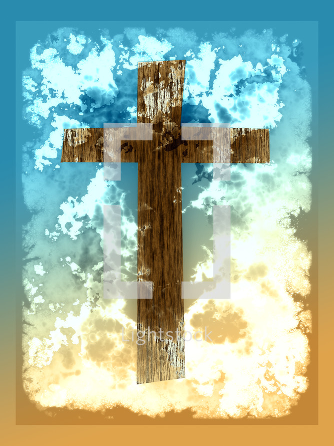 brown wood cross on turquoise blue to sandy tan background with cloud effect