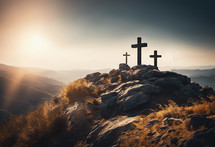 Three Crosses on a Hill with Hazy sunshine 