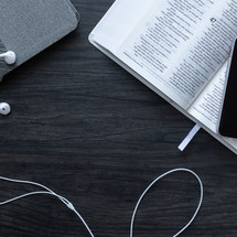 Bible, Journal, cellphone, earbuds 