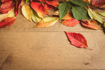 Autumn leaf border on a wood background with copy space