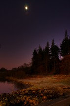 moon over the trees by a lake shore 