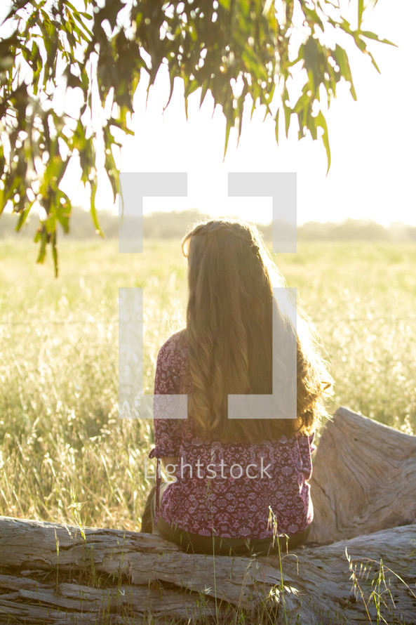 a teen girl sitting on a log in a field 