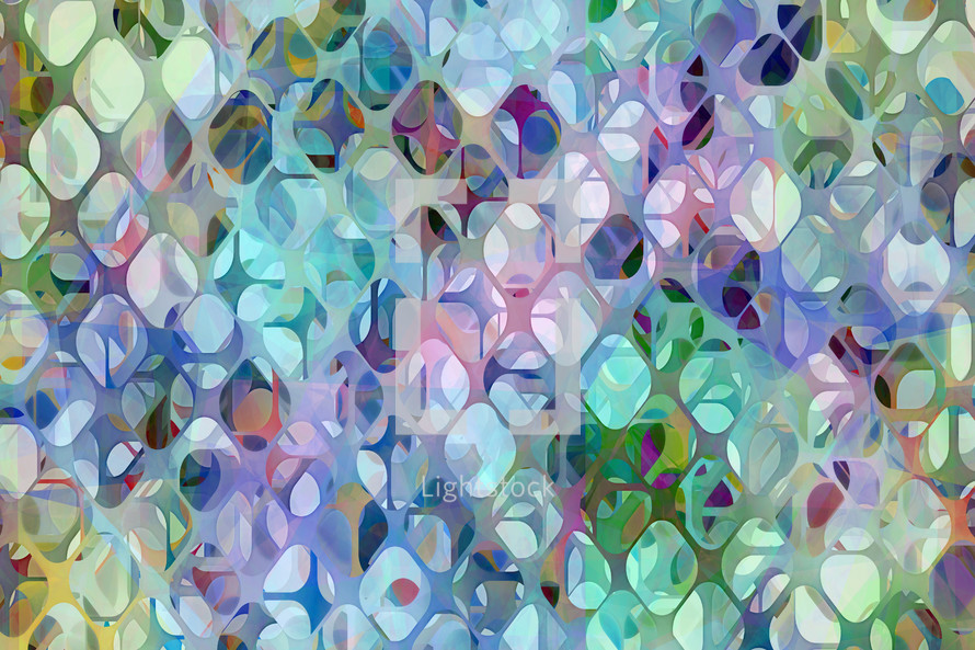 abstract background of overlapping lattice layers in pastel blue, purple, pink and green