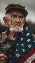 Somber senior man in fatigues with a flag