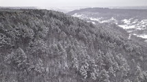 Drone aerial shot of flying over winter treetops with snow. Amazing forest. Flight above mountain wood, nature landscape, texture background. High quality 4k footage