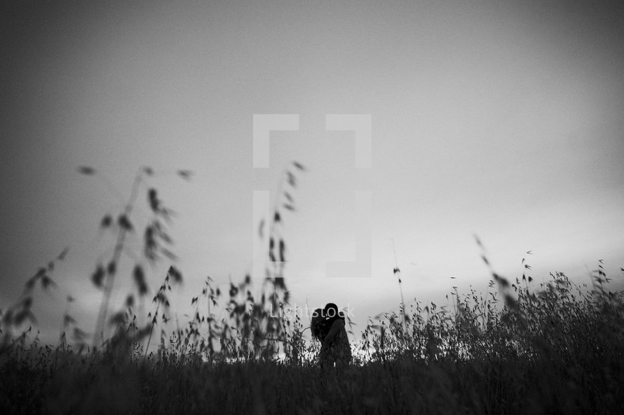 distant couple hugging in a field