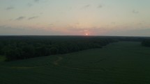 Aerial View of Sunrise over Crops in the Mississippi Delta. High quality 4k footage
