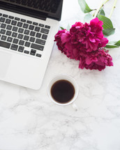 A laptop computer, cup of coffee and dark pink flowers on a white surface.