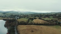 Aerial view over Irish countryside 