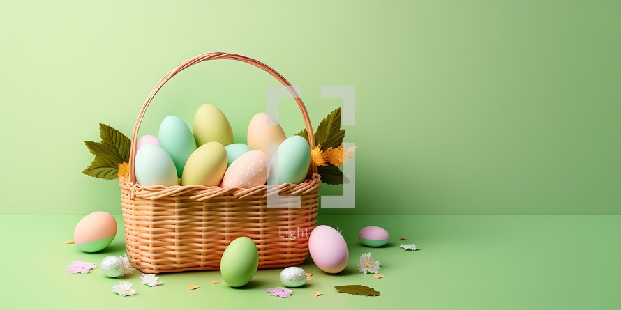 Easter eggs in a wicker basket with flowers on green background with copy space.