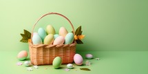 Easter eggs in a wicker basket with flowers on green background with copy space.