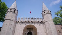 Turkey Istanbul, May 2023: Entrance Door of Topkapi Palace in Istanbul, Turkey. The Gate of Salutation at Topkapi Palace, details and buildings of famous museum complex at Istanbul city.

