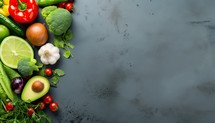 Vegetables, herbs and spices on dark background. Top view with copy space