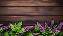 Fresh mint and flowers on wooden background. Top view with copy space