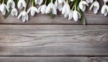 Bouquet of snowdrops on wooden background. Top view with copy space