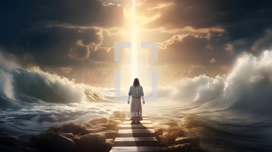 Jesus standing on wood walkway into sea