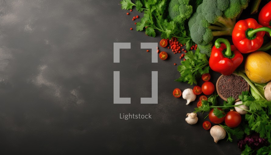 Fresh vegetables on black background. Top view with copy space. Healthy food concept
