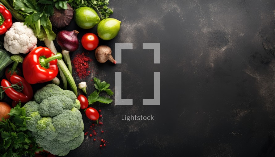 Composition with variety of fresh organic vegetables on dark background, top view