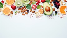 Healthy food background. Fresh fruits, berries, nuts and cereals on white
