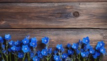 Beautiful blue flowers on wooden background. Flat lay, top view.