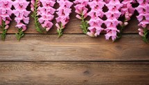 Beautiful pink flowers on brown wooden table, flat lay. Space for text