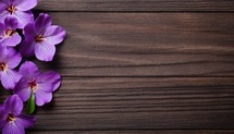 Purple flowers on wooden background with copy space for your text.