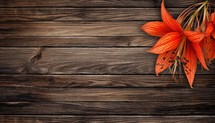 Orange lily flower on a wooden background. Place for text.