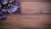 Violet flowers on wooden background. Top view with copy space.