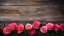 Pink roses on wooden background. Valentines day greeting card. Top view with copy space