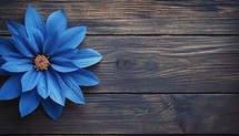 Blue flower on wooden background. Top view with copy space for your text.