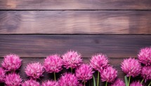Pink chives flowers on wooden background. Top view with copy space