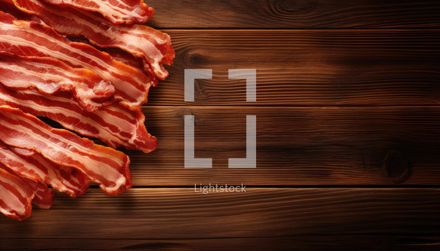 Slices of bacon on wooden background. Top view with copy space