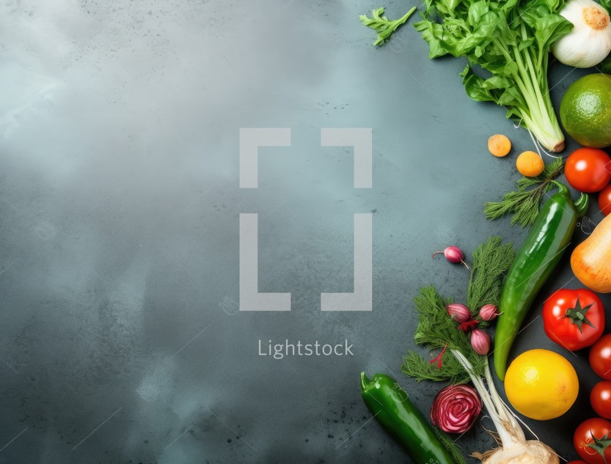 Fresh vegetables on grey table, space for text. Healthy food background