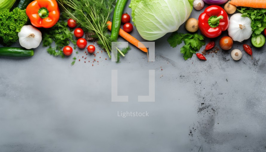 Fresh vegetables on a gray background. Top view, copy space.