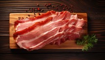 Slices of smoked bacon on cutting board on wooden background.