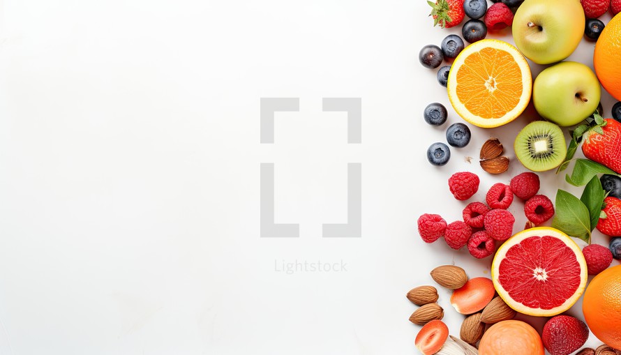 Fruits and berries on white background. Top view with copy space