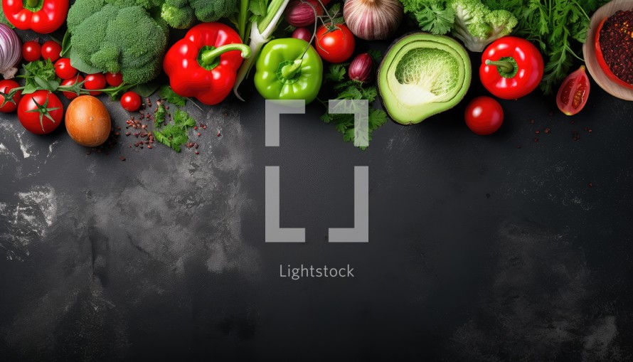 Fresh vegetables on a black background. Top view with copy space.