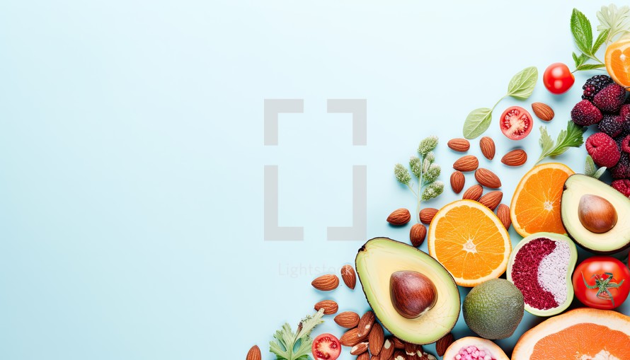 Fresh fruits and vegetables on blue background with copy space. Healthy food concept.