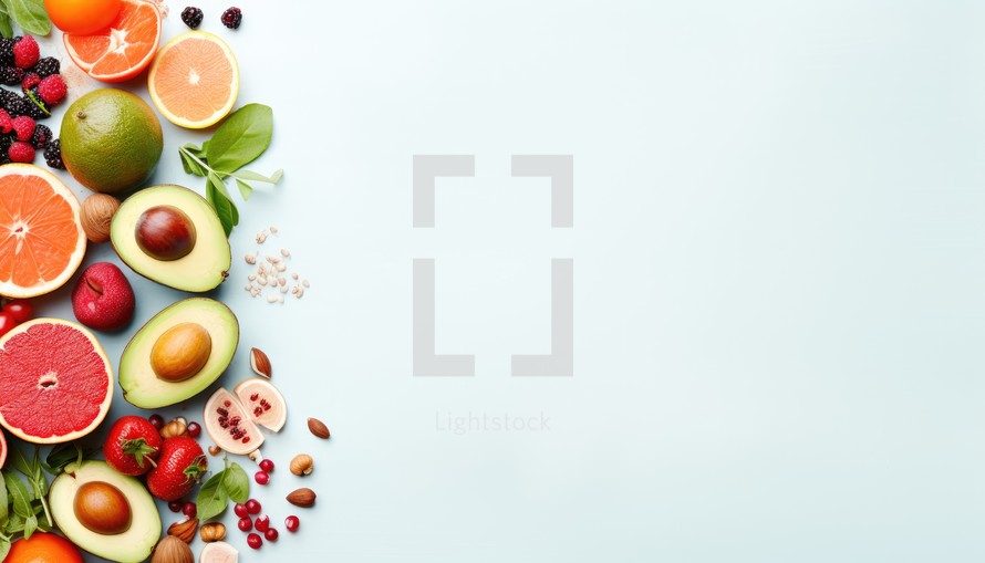 Fresh fruits and vegetables on blue background. Healthy eating concept. Top view with copy space
