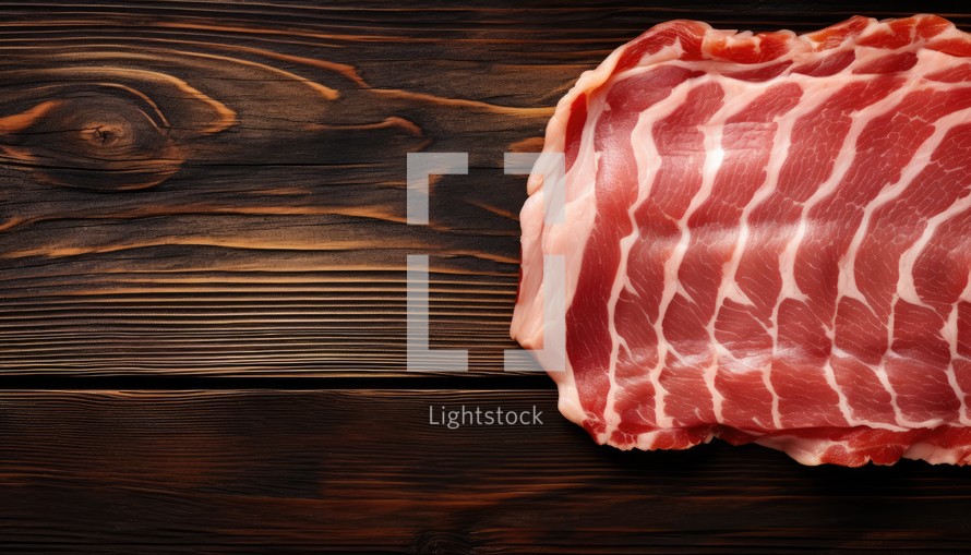 Slices of raw bacon on dark wooden background, top view