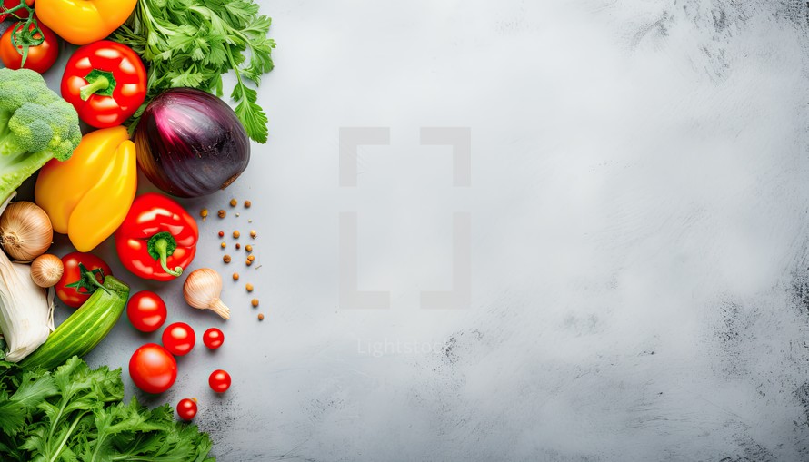 Fresh vegetables on a marble background. Top view with copy space.