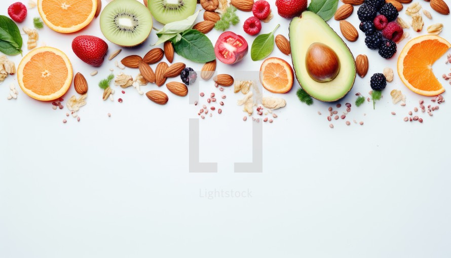 Healthy food background. Fresh fruits, berries, nuts and cereals on white