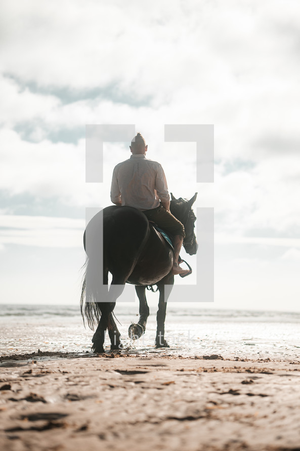 Horse riding on a beach, equestrian man riding on a horse