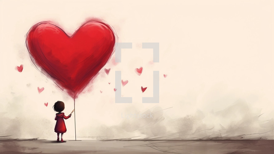 young lady with giant red heart illustration