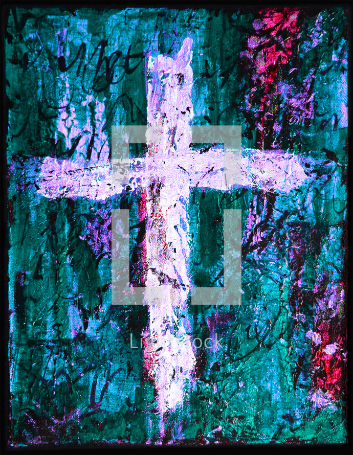 light cross on green, turquoise, purple, red, black distressed background canvas with calligraphy style lines